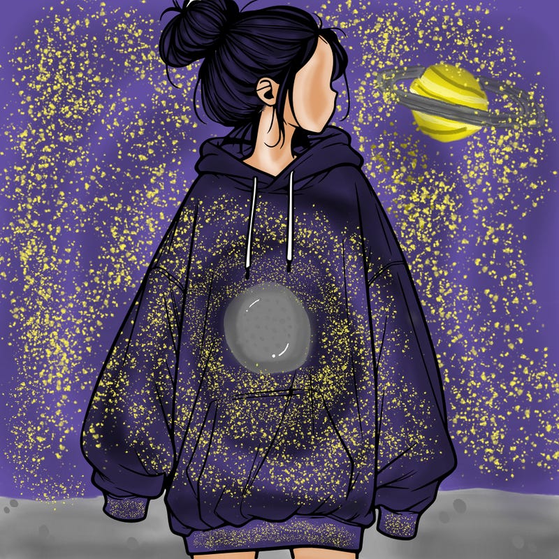 realistic girl with a oversized sweatshirt on and a bun