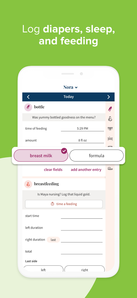 Interface of Ovia Parenting app for logging baby bottle and breastfeeding details