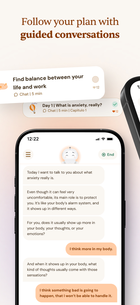 Yana: Your emotional companion - Smartphone zeigt einen geführten Chat mit der Yana KI über die Bewältigung von Angstsymptomen