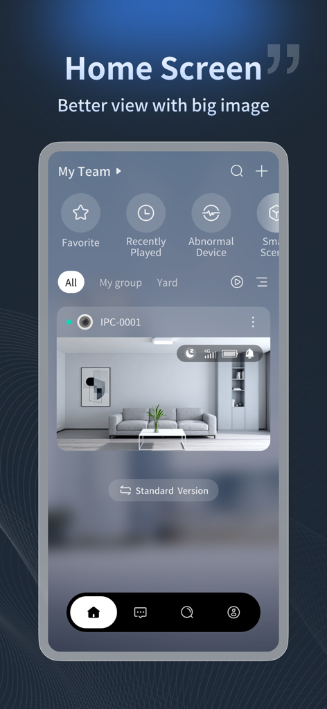 UniEase (Formerly UNV-Link) - UniEase App Startbildschirm-Dashboard mit einer Sicherheitskamera-Vorschau und Verwaltungssymbolen