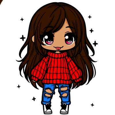 chibi girl with ripped jeans,long hair, and an oversized sweater