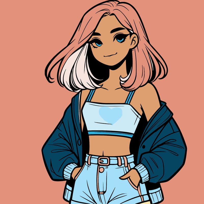 a realistic girl with a crop top and short shorts in an open jacket