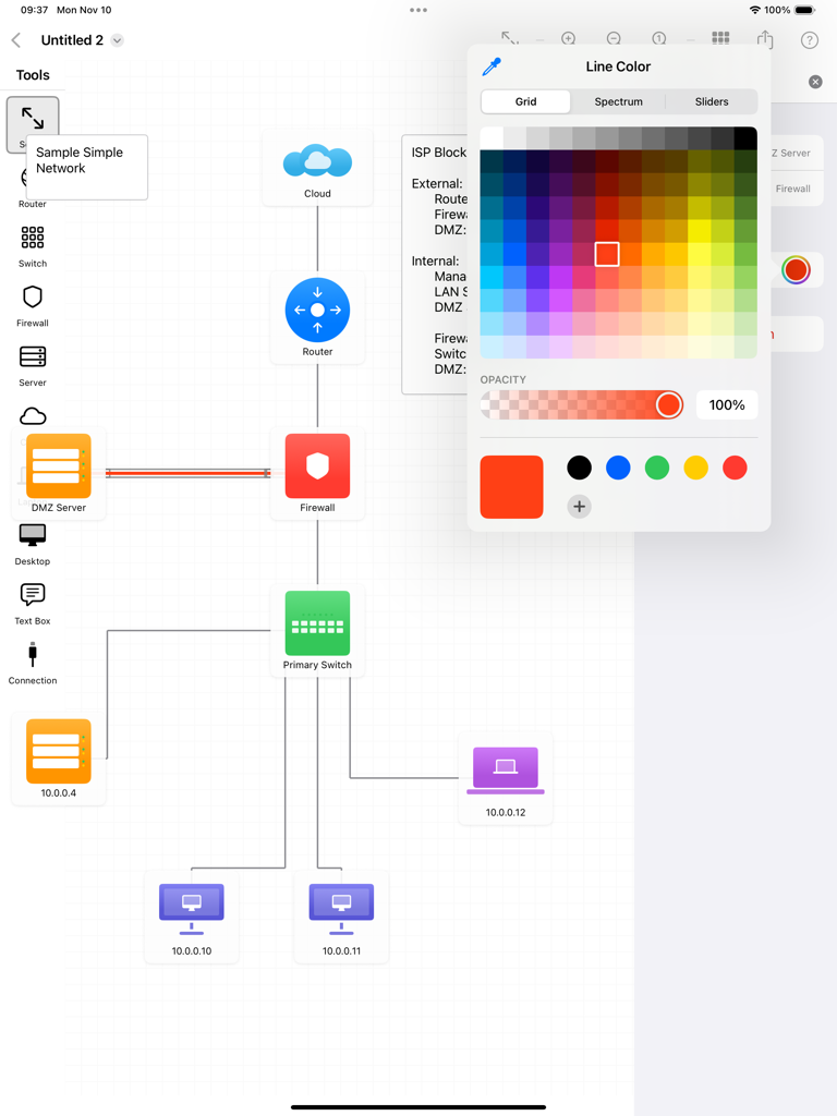 NetSketch - NetSketch iPadインターフェース。ネットワークトポロジー図とカラーピッカーツールが表示されています