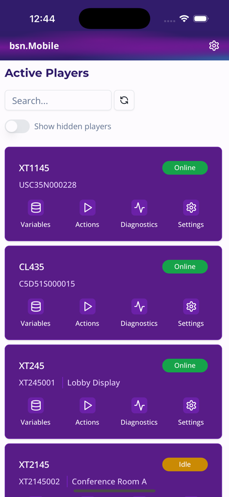 bsn.Mobile - List of active digital signage players showing online status and management options in the bsn Mobile app