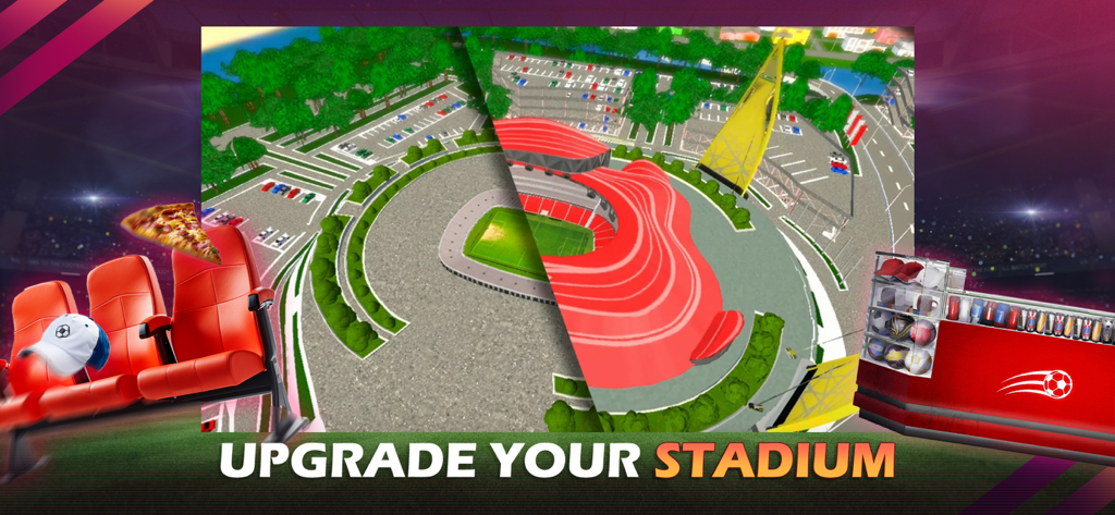 Pro 11 - Soccer Manager Game - Vista aérea de un estadio de fútbol siendo mejorado en el juego de gestión Pro 11 con servicios para los aficionados como un puesto de recuerdos