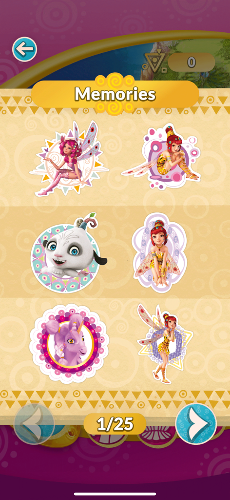 Memories page in Mia and me game with character stickers