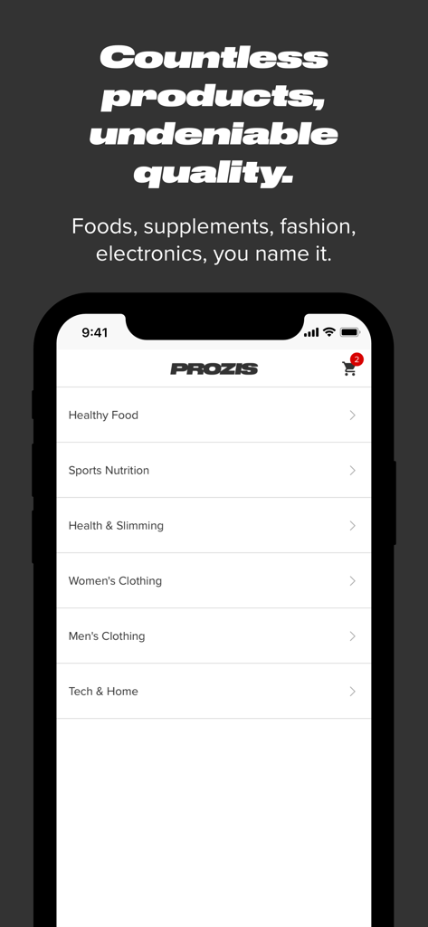 Prozis Store - Prozis Store Mobile App-Bildschirm mit einem Menü von Einkaufskategorien, einschließlich gesunder Lebensmittel, Sporternährung und Kleidung.