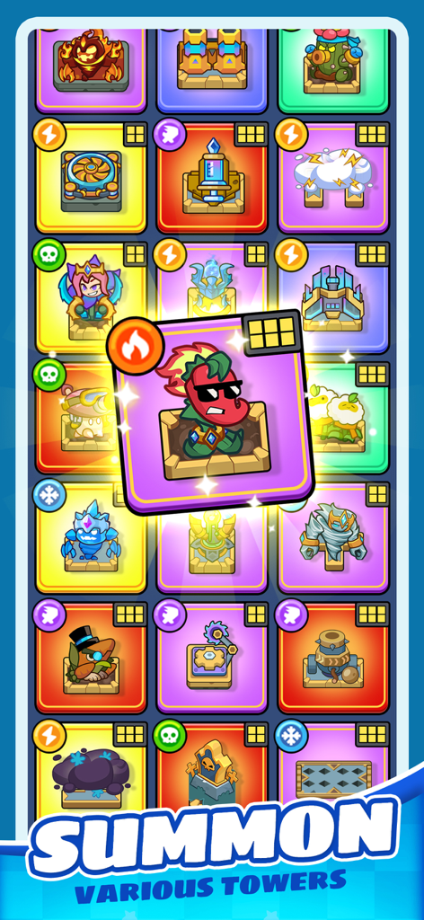 Frost Saga: Tower Defense - Summoning screen in Frost Saga Tower Defense showing a variety of elemental tower cards and a chili pepper character