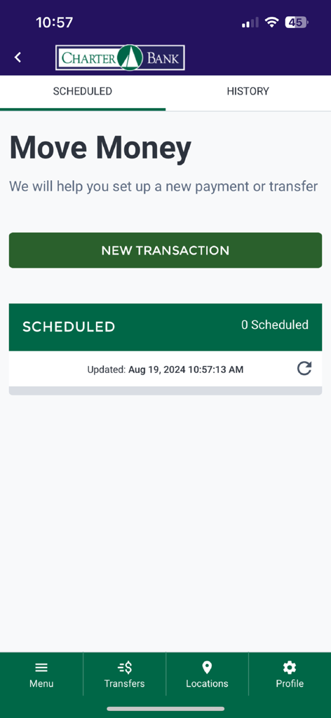 CharterBanker - Charter Bank of Iowa mobile app screen showing the Move Money interface with options for new transactions and scheduled transfers.