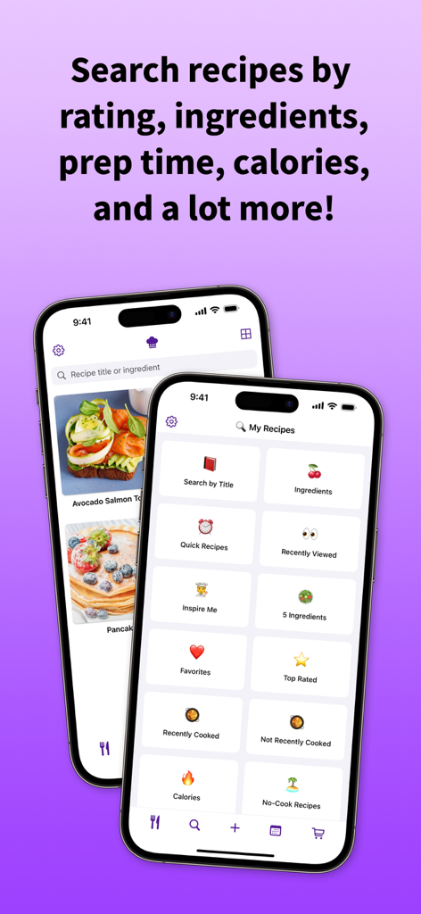 RecipeChef: Recipe Manager - RecipeChef app search screen showing filters for ingredients calories and prep time on two iPhones