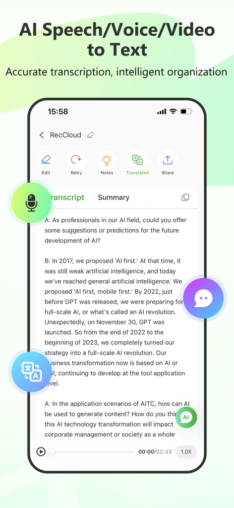 RecCloud - AI Speech to Text - Interfaz de la aplicación RecCloud que muestra transcripción de voz a texto IA y resumen de conversación.