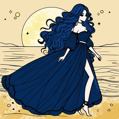 beautiful woman with a vaporous long dress walking on the beach at the noon, detailed art