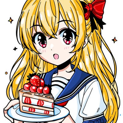 anime girl with a slice of strawberry cake