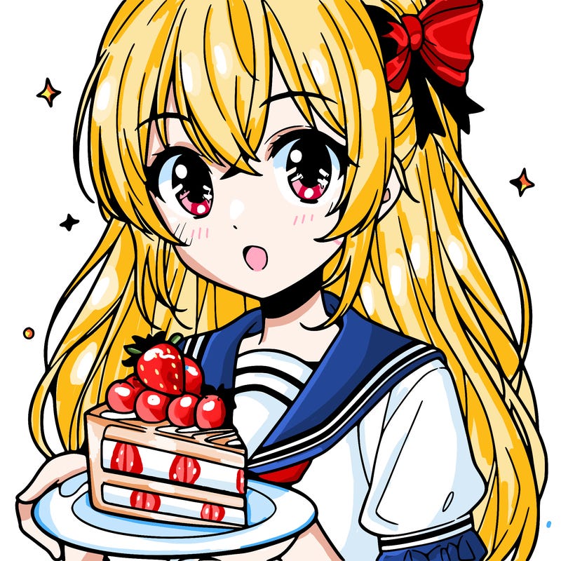 anime girl with a slice of strawberry cake