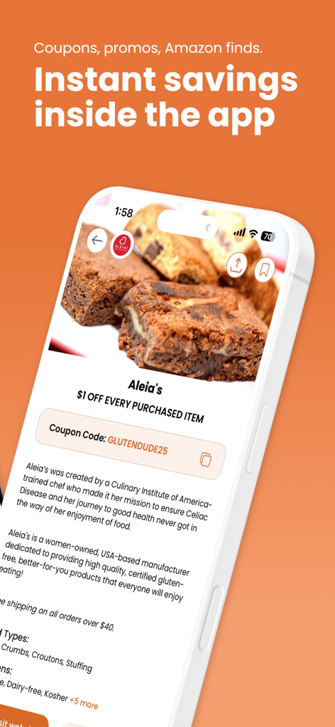 Gluten Dude app screenshot showing exclusive gluten-free product coupons and brand discounts