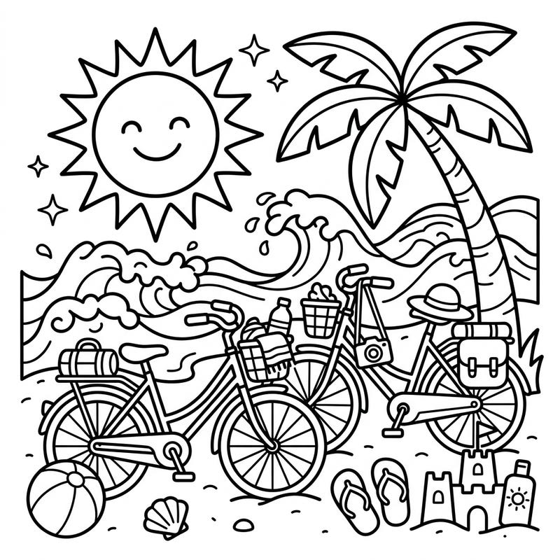 Embark on a delightful summer journey with our easy-to-color bicycle beach scene. Designed specifically for toddlers, this page features chunky outlines and cheerful summer elements perfect for little artists.