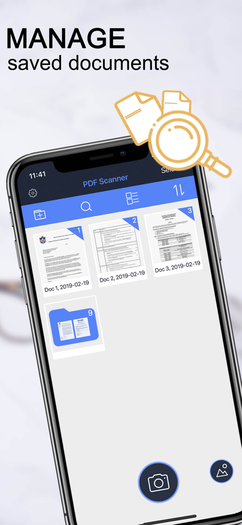 Oberfläche der PDF Scanner-App, die eine Liste der gespeicherten und verwalteten Dokumente anzeigt