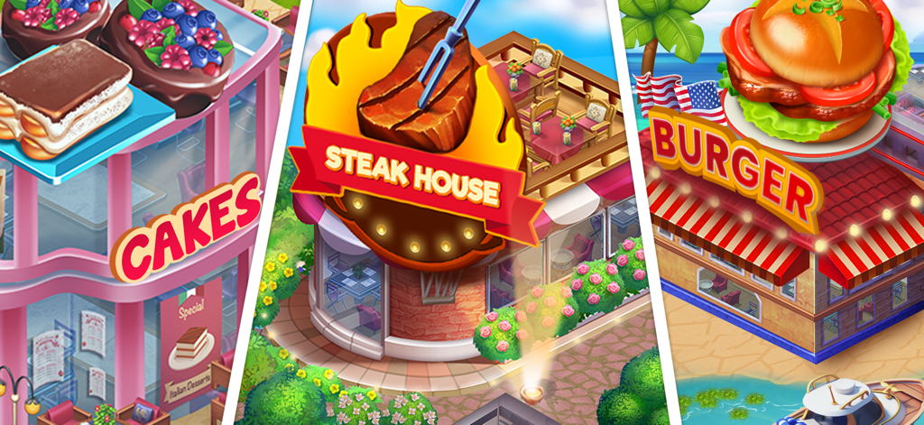 Cooking Rage - Restaurant Game - Una exhibición de tres temas de restaurantes en Cooking Rage con pasteles, bistec y hamburguesas