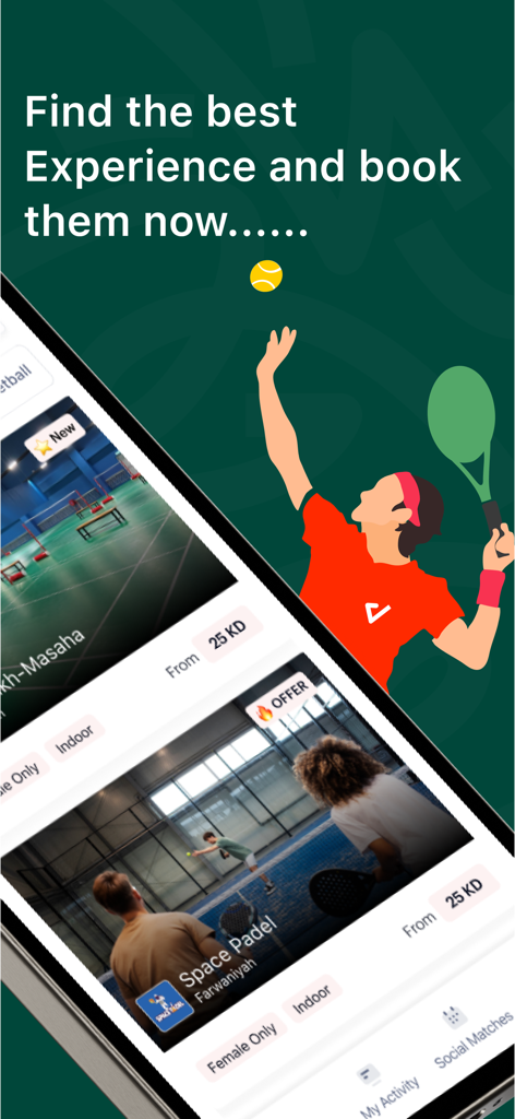 Li3ib mobile app interface showing sports venue booking options for padel and tennis