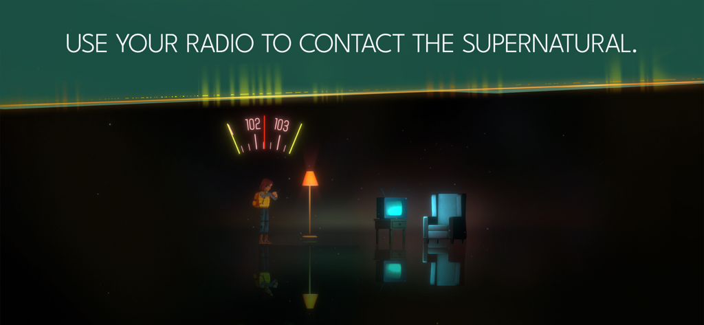 OXENFREE II: Lost Signals - A character tunes a radio frequency to contact the supernatural in a dark atmospheric room