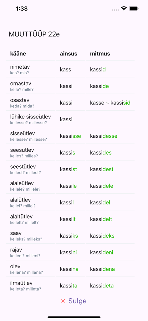 Detailed table of Estonian noun cases and word forms for the word kass