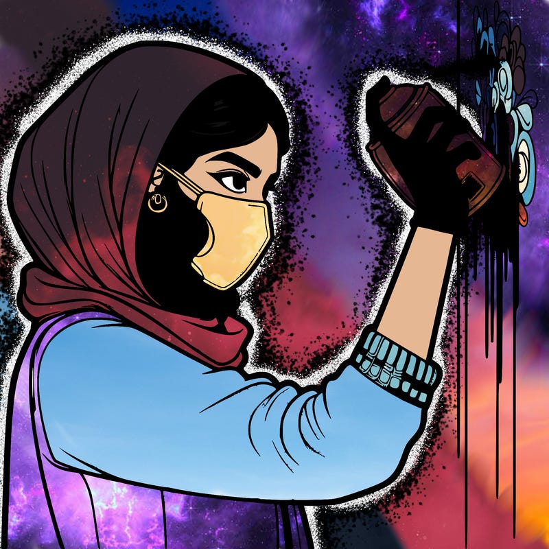 realistic girl with mask spray painting a wall