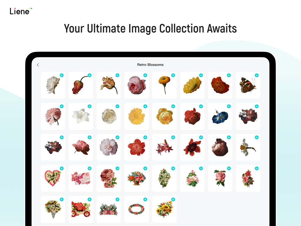 Liene Photo HD - Tablet screen showing the Retro Blossoms image library in the Liene Photo HD app with various floral and butterfly sticker illustrations.
