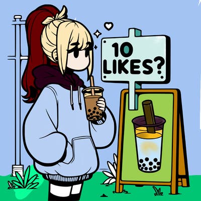 girl with oversized hoodie drinking boba and she has a high ponytail with a sign that says 10likes?