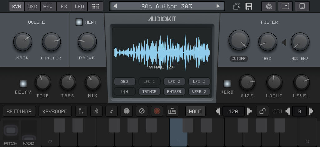 Main interface of the VIRAL Synth T2x app featuring synthesis controls and a waveform display