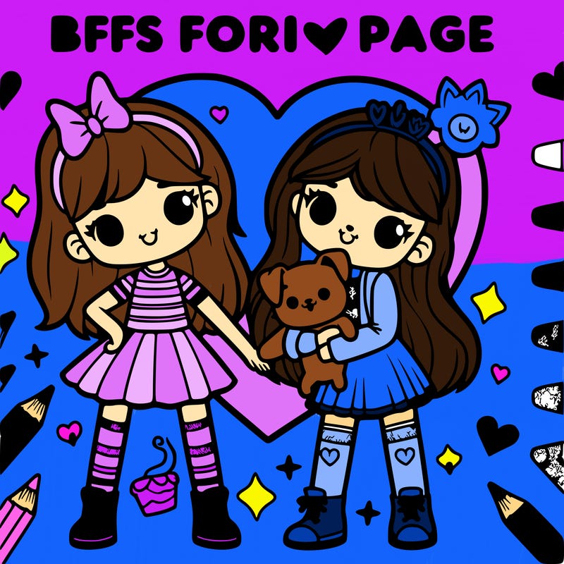 two sisters one a bit taller then the other sister and also holding a cat and the other sister is holding a dog and above the sisters there’s a big heart that says bffs for ever