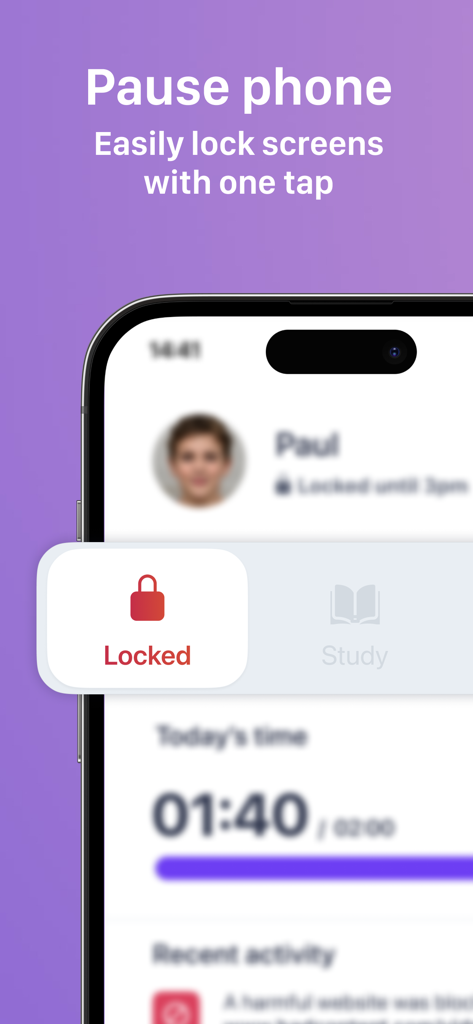 Parental control app screen showing a one-tap pause and lock phone feature for children
