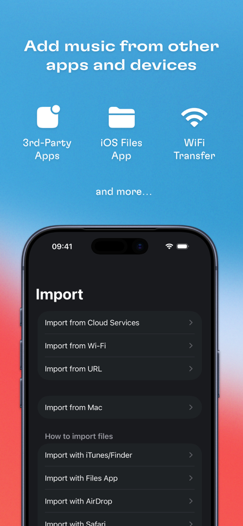 Doppler MP3 & FLAC Player - Music import screen in Doppler showing options for cloud WiFi and local files