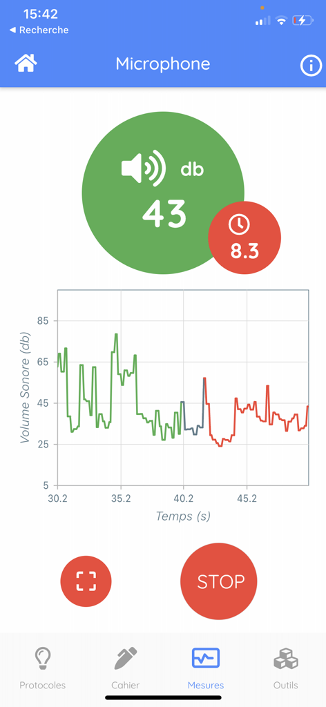 FizziQ - FizziQ app interface showing real-time sound volume measurement in decibels with a corresponding line graph.