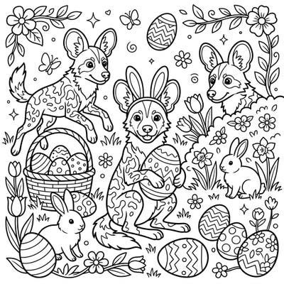 Bring a unique splash of color to your Easter with this delightful African Wild Dogs coloring page. Watch these fascinating creatures celebrate spring surrounded by decorated eggs and playful bunnies.