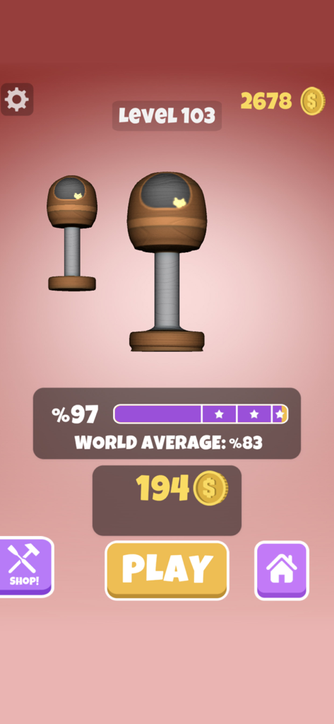 Wood Shop - Pantalla de resultados del nivel 103 en el juego móvil Wood Shop que muestra una precisión de coincidencia del noventa y siete por ciento