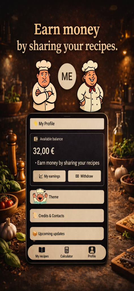 Écran de profil de l'application Ma Recette affichant un solde de 32 euros et une section pour gagner de l'argent en partageant des recettes.