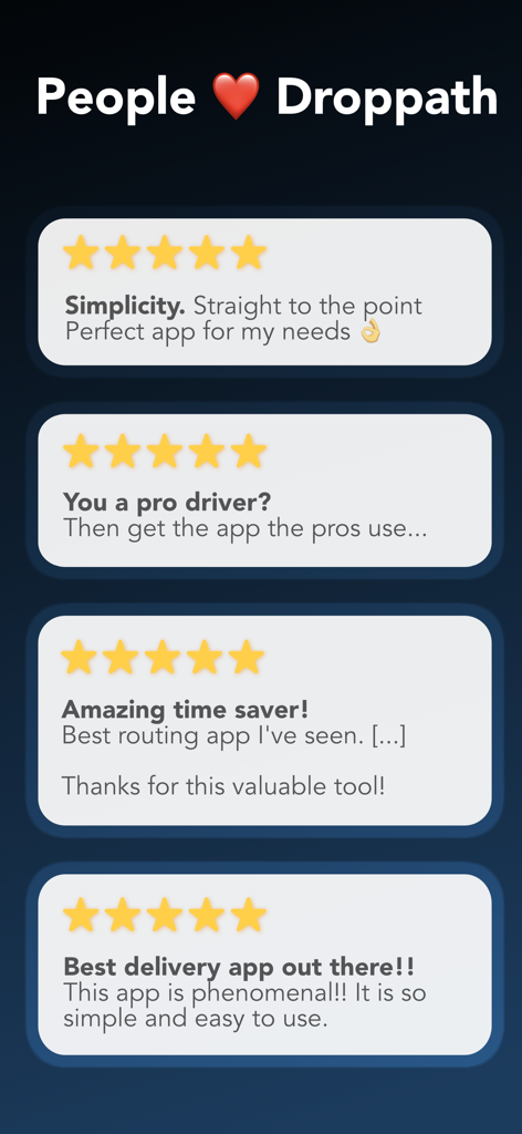 Droppath Route Planner - Reseñas y testimonios positivos de usuarios con cinco estrellas para la aplicación Droppath Route Planner