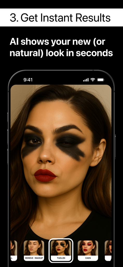 Makeup Removal AI - Smartphone screen displaying a bold AI makeup filter applied to a portrait with dark eyeshadow and red lipstick.