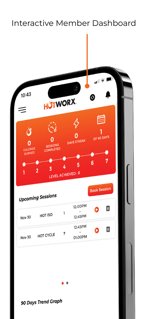 Hotworx Mobile App Dashboard, das den Fitnessfortschritt und bevorstehende Trainingseinheiten anzeigt