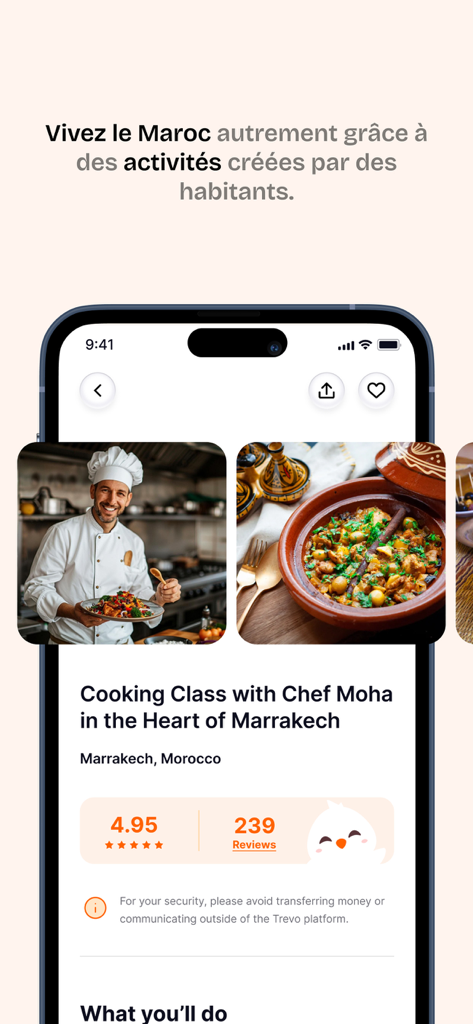 Trevo – Travel & Stays - Interface de l'application Trevo montrant un cours de cuisine avec le Chef Moha à Marrakech au Maroc.