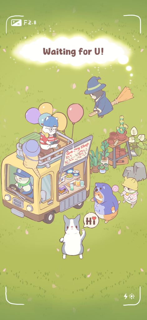 Cats Mansion - Cute Merge Game - Cute cartoon cats in costumes gathering around a yellow grocery truck in a grassy field.