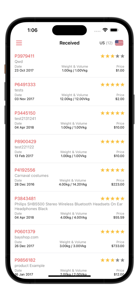 A mobile app screen showing a list of received parcels with details like weight price and star ratings for each order