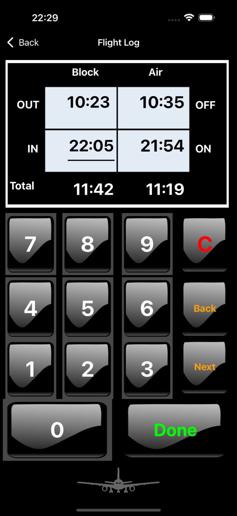 Tela de registro de voo do aplicativo Flight-Time para calcular o tempo de bloco e o tempo em voo do piloto