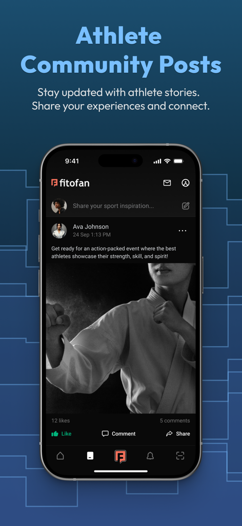 Fitofan - Fitofanアプリのインターフェース。アスリートコミュニティのソーシャルフィードに、格闘技の写真投稿が表示されています。