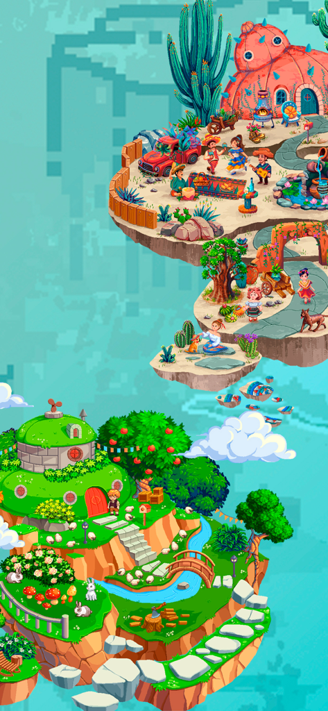 Color Island: Pixel Art Puzzle - Colorful pixel art floating islands featuring lush greenery and a desert landscape with characters