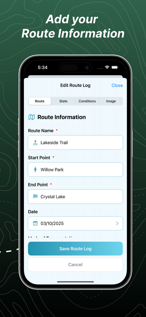 Map 3D Track+ - The route information entry screen in the Map 3D Track plus app showing fields for route name start point and end point