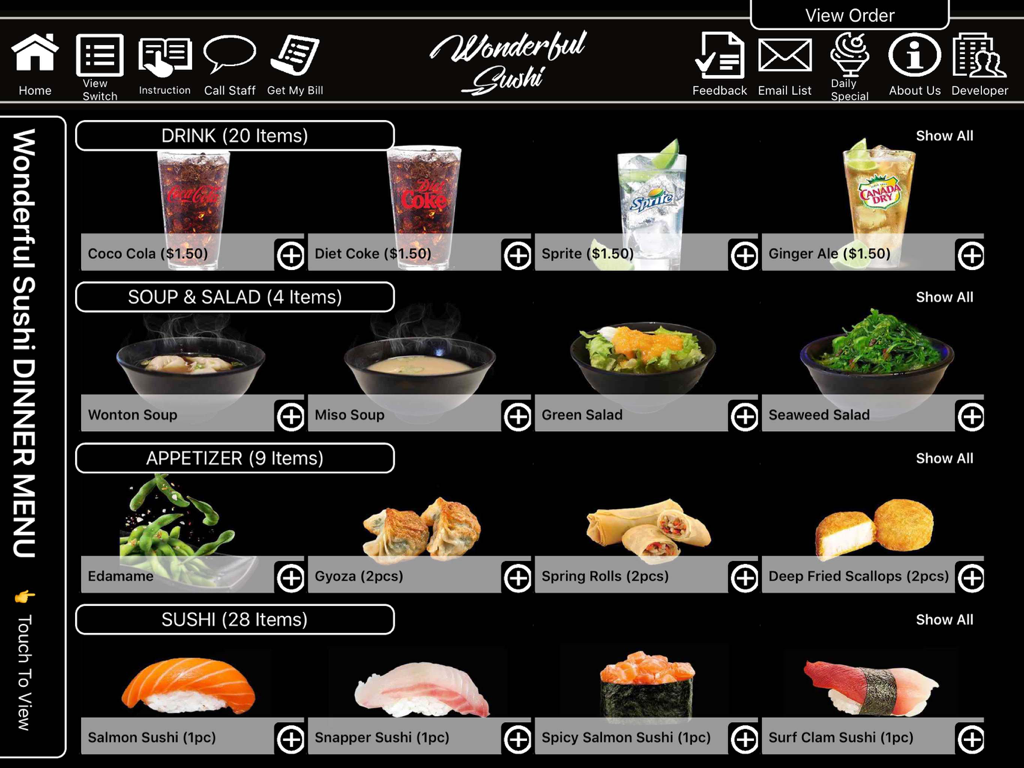 King's Menu - Digital sushi menu on an iPad showing drinks soups appetizers and sushi items with photos