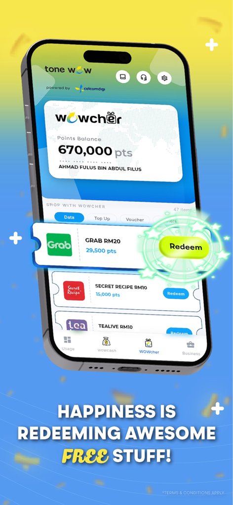 Tone WOW 2.0 - Tone WOW 2.0 app screen showing points balance and vouchers for Grab and Secret Recipe available for redemption.