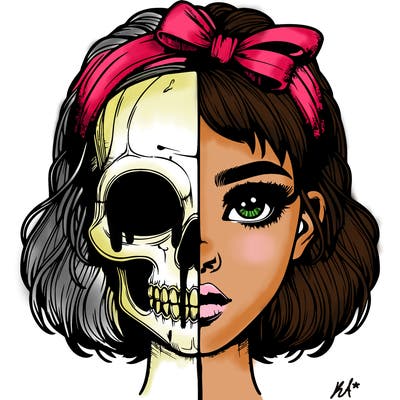 realistic girl with half skull mask