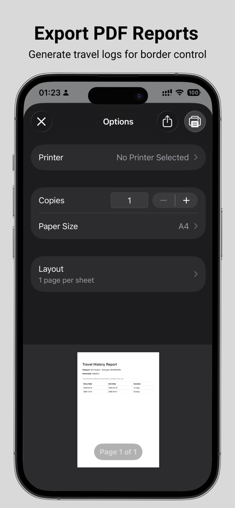 Schengen 90: Visa Calculator - Exportación de un informe de historial de viaje en PDF para el control fronterizo en la aplicación Schengen 90 Visa Calculator